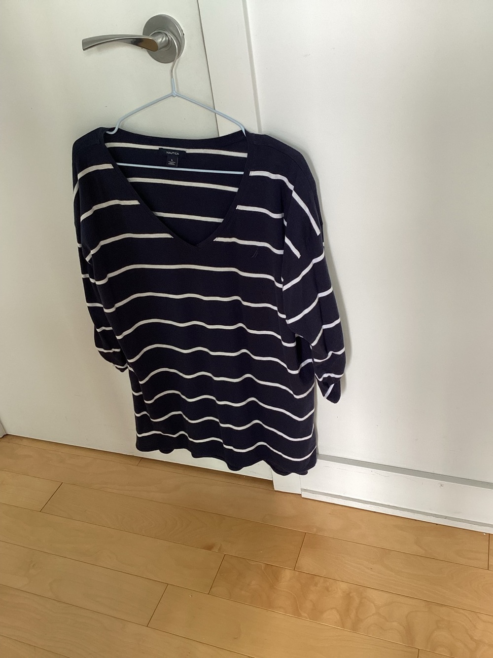 Nautica Navy and White Striped V-Neck Top. Nautica